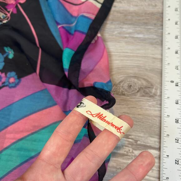 Vintage Milanowek Silk Scarf Black Mod Floral Rainbow Print 70s Square 24x25 - Picture 6 of 9